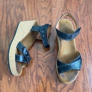 Taos Black Lexie Cork Leather Platform Wedge Sandal, EU 39/US 8-8.5